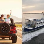 due foto: una foto con auto rossa e ragazze che guardano indietro, seconda foto: traghetto che solca il mare al tramonto